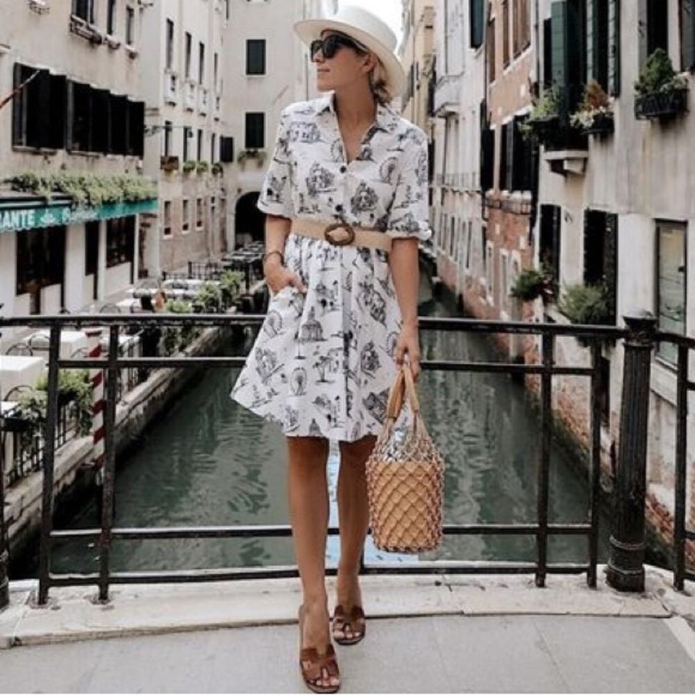 Maje Rapomi white shirt dress paris Print short sleeve Dress FR 40 US 8